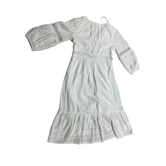 Anthropologie Boho Lace Ebba Midi Dress Size 6 3/4 Sleeve White Eyelet - Picture 2 of 8